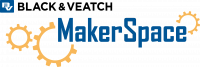 Illustrated logo with black text in upper left reading Black & Veatch with blue text reading MakerSpace over three yellow cogs