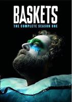 Black background with text Baskets: The Complete Season One and a picture of a bearded clown who looks melancholy