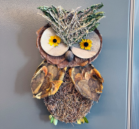 Image of assembled project, an owl made from leaves and other flora.