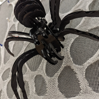 A cotton webbing spiderweb is pinned to an office wall. A black spider made of laser cut cardboard is sitting on top of the web.