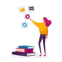Person with long hair pushing a play button in midair. A stack of books are next to them on the ground.
