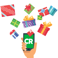 Consumer Reports on a smartphone and wrapped gifts surrond