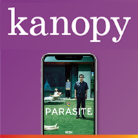Graphic. The text "kanopy" is at the top of a purple background with a photo of a mobile phone displaying the poster for the movie Parasite. 