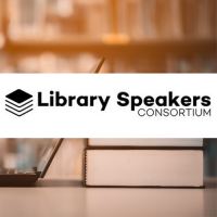The words "Library Speakers Consortium" in a white rectangle in front of a stack of books