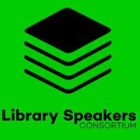 Illustrated graphic of a stack of books in black with a green background. The words Library Speakers Consortium appear in black text on a white bar.