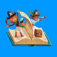 Illustration of children dressed as pirates standing on the pages of an open book.