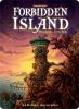 Cover of Forbidden Island board game showing a tower on an island surrounded by stormy skies and seas