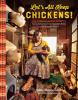 Woman in dress and yellow sweater holding a chicken in a fancy coop full of a variety of chickens