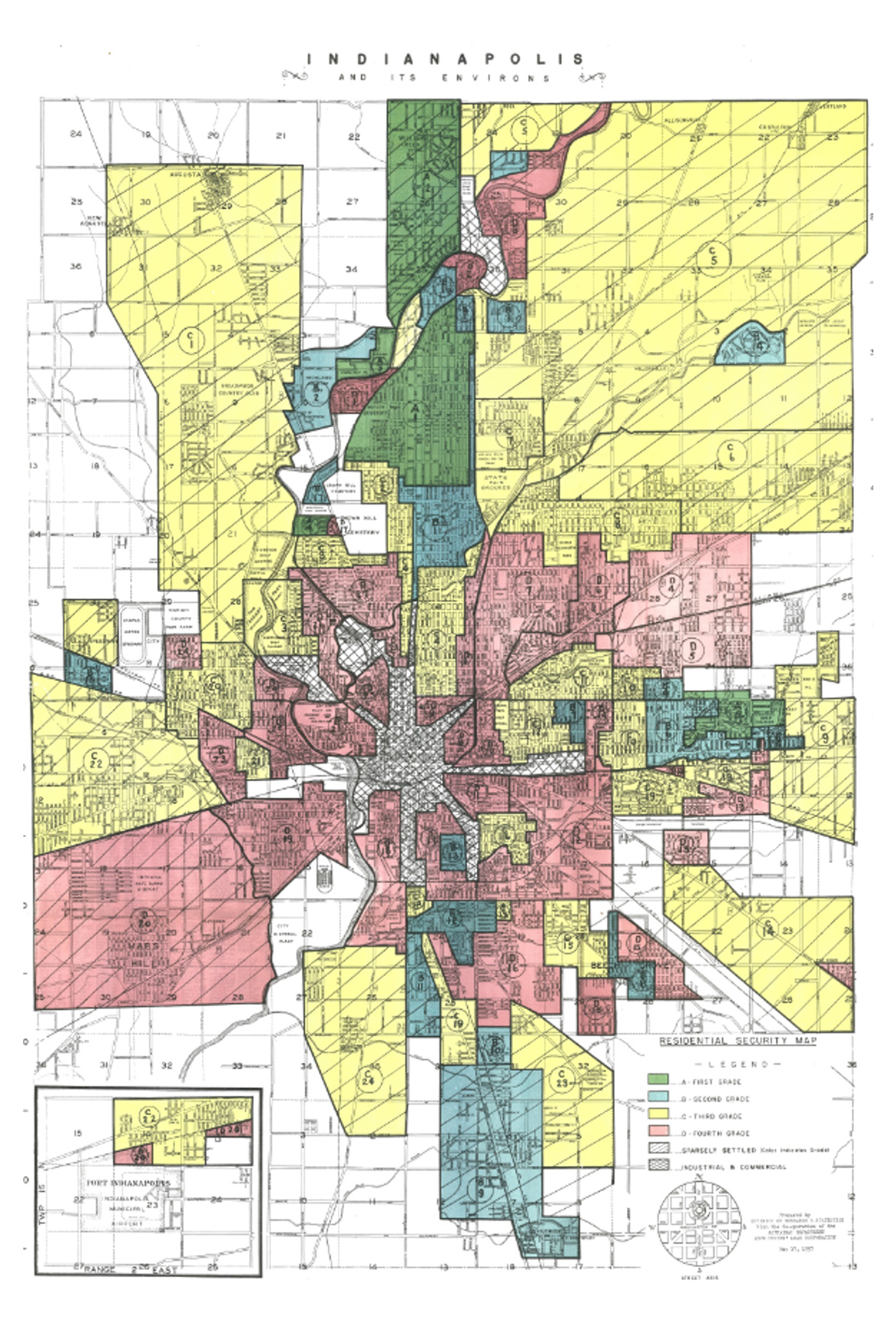 A residential security map from Indianapolis demonstrates how codified racialized housing patterns persist even after the government policies that created them have been removed 